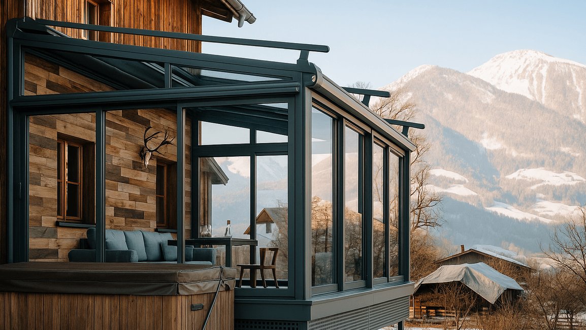 Celoroční hliníková zimní zahrada s kvalitním izolačním zasklením umístěná u moderní horské chalupy. Prosklená konstrukce nabízí panoramatický výhled, maximální tepelný komfort a elegantní rozšíření obytného prostoru.