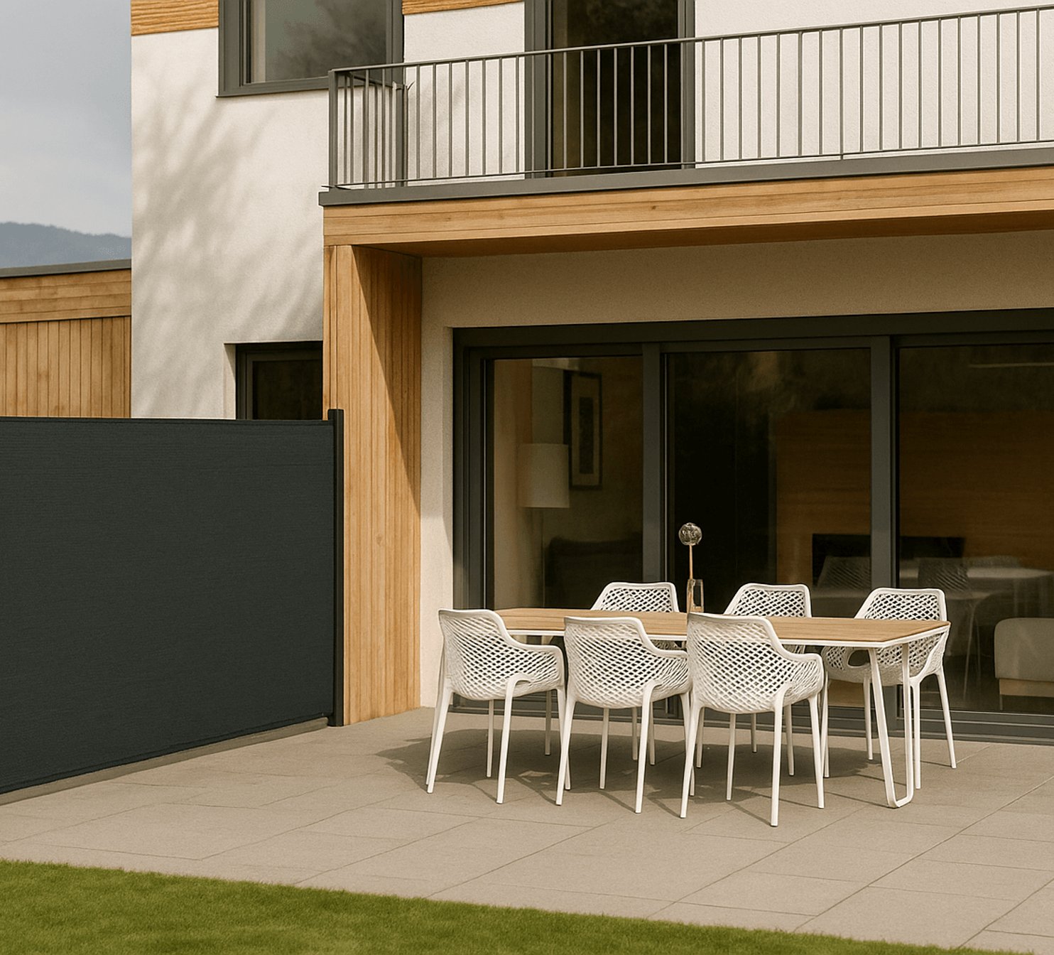 Boční větrná clona u posezení na zahradě